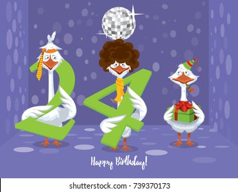 Two goose holding the number 24. the third goose holds a gift on a colorful background. banner "Happy Birthday". vector illustration.
