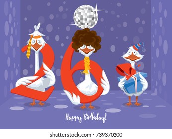 Two goose holding the number 26. the third goose holds a gift on a colorful background. banner "Happy Birthday". vector illustration.