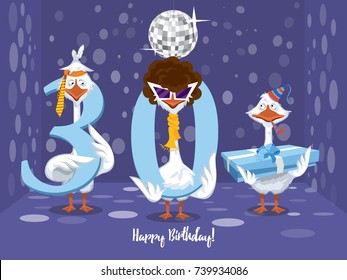 Two goose holding the number 30. the third goose holds a gift on a colorful background. banner "Happy Birthday". vector illustration.