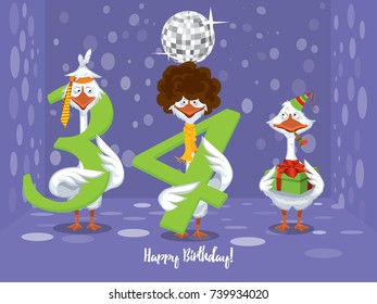 Two goose holding the number 34. the third goose holds a gift on a colorful background. banner "Happy Birthday". vector illustration.