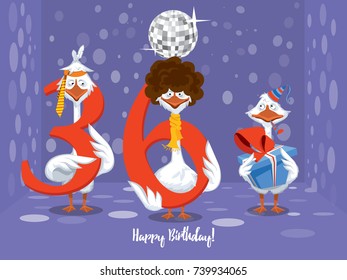 Two goose holding the number 36. the third goose holds a gift on a colorful background. banner "Happy Birthday". vector illustration.