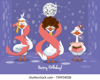 Two goose holding the number 38. the third goose holds a gift on a colorful background. banner "Happy Birthday". vector illustration.