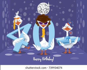 Two goose holding the number 40. the third goose holds a gift on a colorful background. banner "Happy Birthday". vector illustration.