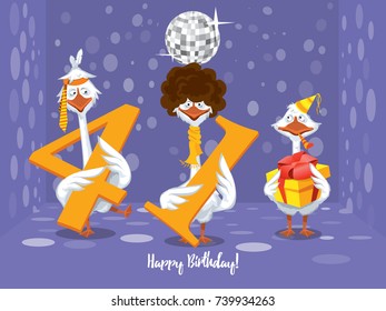 Two goose holding the number 41. the third goose holds a gift on a colorful background. banner "Happy Birthday". vector illustration.