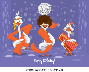 Two goose holding the number 45. the third goose holds a gift on a colorful background. banner "Happy Birthday". vector illustration.