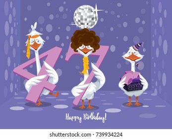 Two goose holding the number 47. the third goose holds a gift on a colorful background. banner "Happy Birthday". vector illustration.