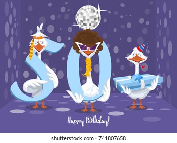 Two goose holding the number 50. the third goose holds a gift on a colorful background. banner "Happy Birthday". vector illustration.
