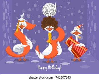 Two goose holding the number 53. the third goose holds a gift on a colorful background. banner "Happy Birthday". vector illustration.