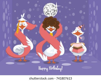 Two goose holding the number 58. the third goose holds a gift on a colorful background. banner "Happy Birthday". vector illustration.