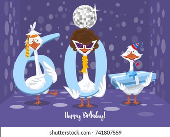 Two goose holding the number 60. the third goose holds a gift on a colorful background. banner "Happy Birthday". vector illustration.