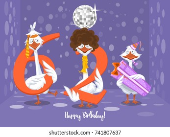 Two goose holding the number 62. the third goose holds a gift on a colorful background. banner "Happy Birthday". vector illustration.