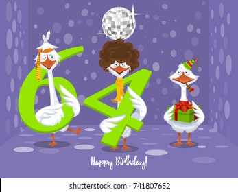 Two goose holding the number 64. the third goose holds a gift on a colorful background. banner "Happy Birthday". vector illustration.