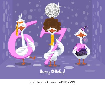 Two goose holding the number 67. the third goose holds a gift on a colorful background. banner "Happy Birthday". vector illustration.