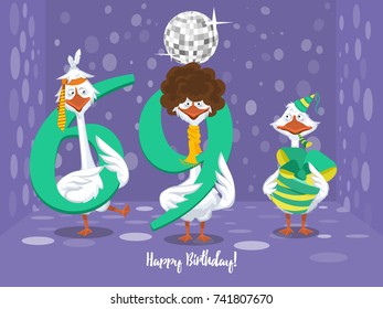 Two goose holding the number 69. the third goose holds a gift on a colorful background. banner "Happy Birthday". vector illustration.