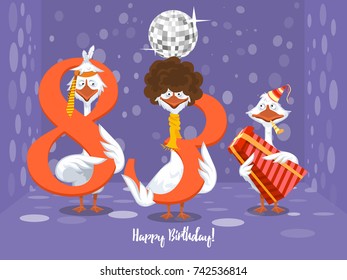 Two goose holding the number 83. the third goose holds a gift on a colorful background. banner "Happy Birthday". vector illustration.