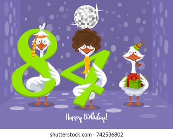 Two goose holding the number 84. the third goose holds a gift on a colorful background. banner "Happy Birthday". vector illustration.
