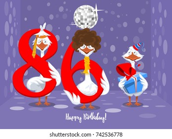 Two goose holding the number 86. the third goose holds a gift on a colorful background. banner "Happy Birthday". vector illustration.
