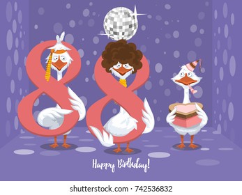 Two goose holding the number 88. the third goose holds a gift on a colorful background. banner "Happy Birthday". vector illustration.