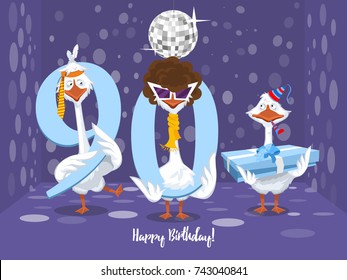 Two goose holding the number 90. the third goose holds a gift on a colorful background. banner "Happy Birthday". vector illustration.