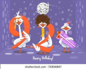 Two goose holding the number 92. the third goose holds a gift on a colorful background. banner "Happy Birthday". vector illustration.