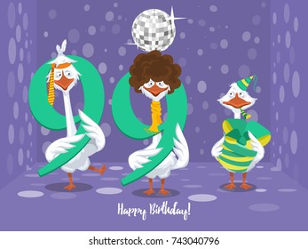 Two goose holding the number 99. the third goose holds a gift on a colorful background. banner "Happy Birthday". vector illustration.