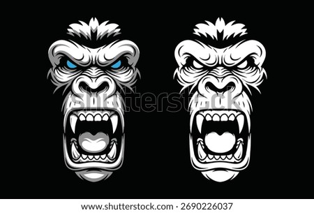 Two gorilla faces are displayed, one with blue eyes and the other without. Both are white with open mouths and sharp teeth.
