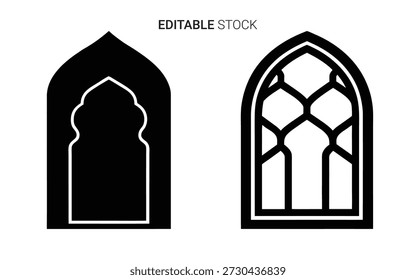 Two gothic arch windows are displayed, featuring a striking black silhouette style and detailed tracery.