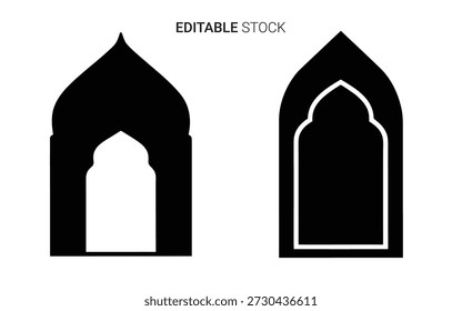 Zwei gotische Bogendesigns in einem auffälligen Schwarz-Weiß-Farbschema mit einem kräftigen Silhouettenstil.