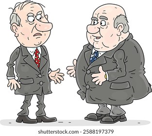 Two government officials, politicians and businessmen talking about different things during their meeting, vector cartoon illustration on a white background