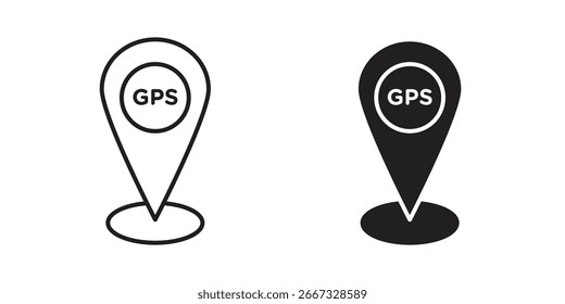Zwei GPS-Standortsymbole: ein Umriss, ein Volumenkörper. Einfaches, sauberes Design, einzeln auf Weiß.