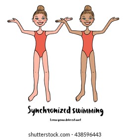 Two graceful athletes of synchronized swimming in red swimsuit. Cute illustration of a cartoon style. drawn by hand