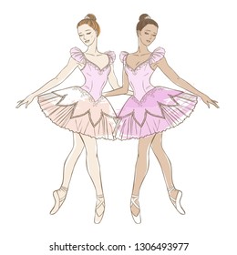 Two graceful ballerinas in pink dresses on white background. Vector hand drawn illustration