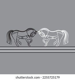 Two graceful black and white stallions. Race saddled horses stand opposite each other. Stylish contour mustangs. Hand drawn for design of horse racing, derby, riding. Graphics for stable, farm, races.