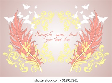 Two graceful feathers with butterflies in a wonderful frame with curved patterns