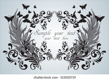 Two graceful feathers with butterflies in a wonderful frame with curved patterns