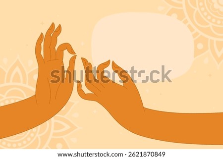 Two graceful hands of buddha on a light orange background. Mudra, religious symbol, meditation. Copyspace for your text, frame, card for buddhist holiday.