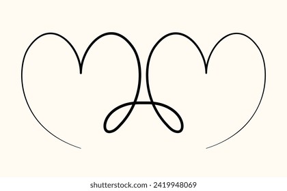Two graceful hearts from a single line. Love symbol drawing, isolated linear heart in old fashion, vintage motif. Simple design element for brand sign, decor, etc. Black and white vector illustration.