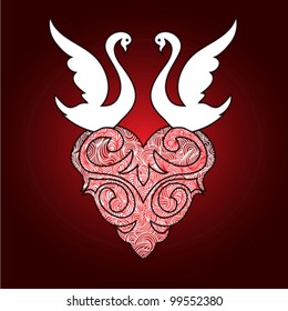 Two graceful Swan with valentine heart. Vector illustration.