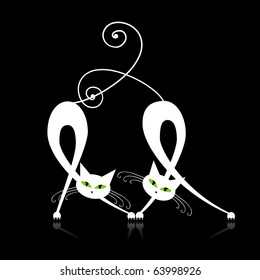Two graceful white cats, silhouette for your design