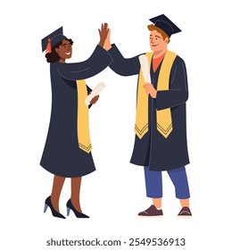 Dois amigos de pós-graduação se dão cinco anos. Jovem e mulher celebrando o sucesso. Felizes graduados em vestidos e bonés segurando seus diplomas sorrindo comemorando novo capítulo. Ilustração vetorial