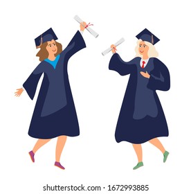 Two graduate students in robes with a diploma are happy. Graduation from College. University female graduate people isolated on white background. Vector illustration getting higher education