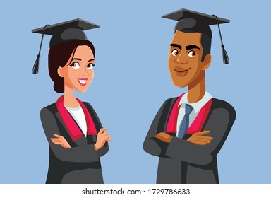 Two Graduate Students in Robes Vector Characters. Male and female graduates finishing university studies successfully 
