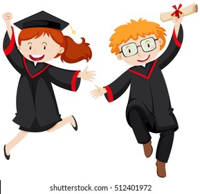 Two graduated students in graduation gowns illustration