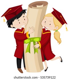 Two graduated students holding giant degree illustration