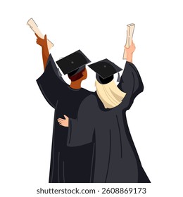 Two graduates from behind wearing caps and gowns and holding diplomas.Students graduates woman and man celebrate the end of their studies.Graduation announcements, invitations, academic designs.Vector