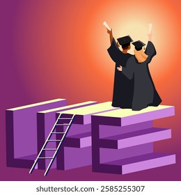 
Two graduates in caps and gowns celebrating success on top of a structure words Life with diplomas raised, symbolizing achievement, education,future goals.educational content, success stories.Vector