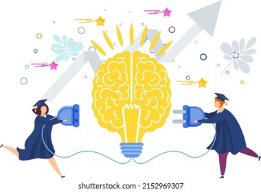 Two graduates plug in huge brain. Graduation gown. Student party. Cheerful young people. University graduates dance and rejoice. Flat vector illustration.