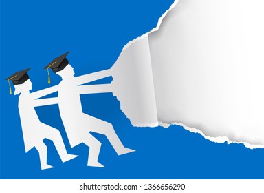 
Two graduates torn blue paper background.
Illustration of two students paper silhouette with mortarboard ripped paper. Template for announcement of graduations.Vector available.