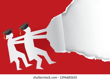 Two graduates torn red paper background. 
Illustration of two students paper silhouette with mortarboard ripped paper. Template for announcement of graduations. Vector available.