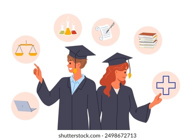 Two graduating students choose future profession or field to build successful career. Man and woman in graduate robes are studying proposals from universities offering new profession.